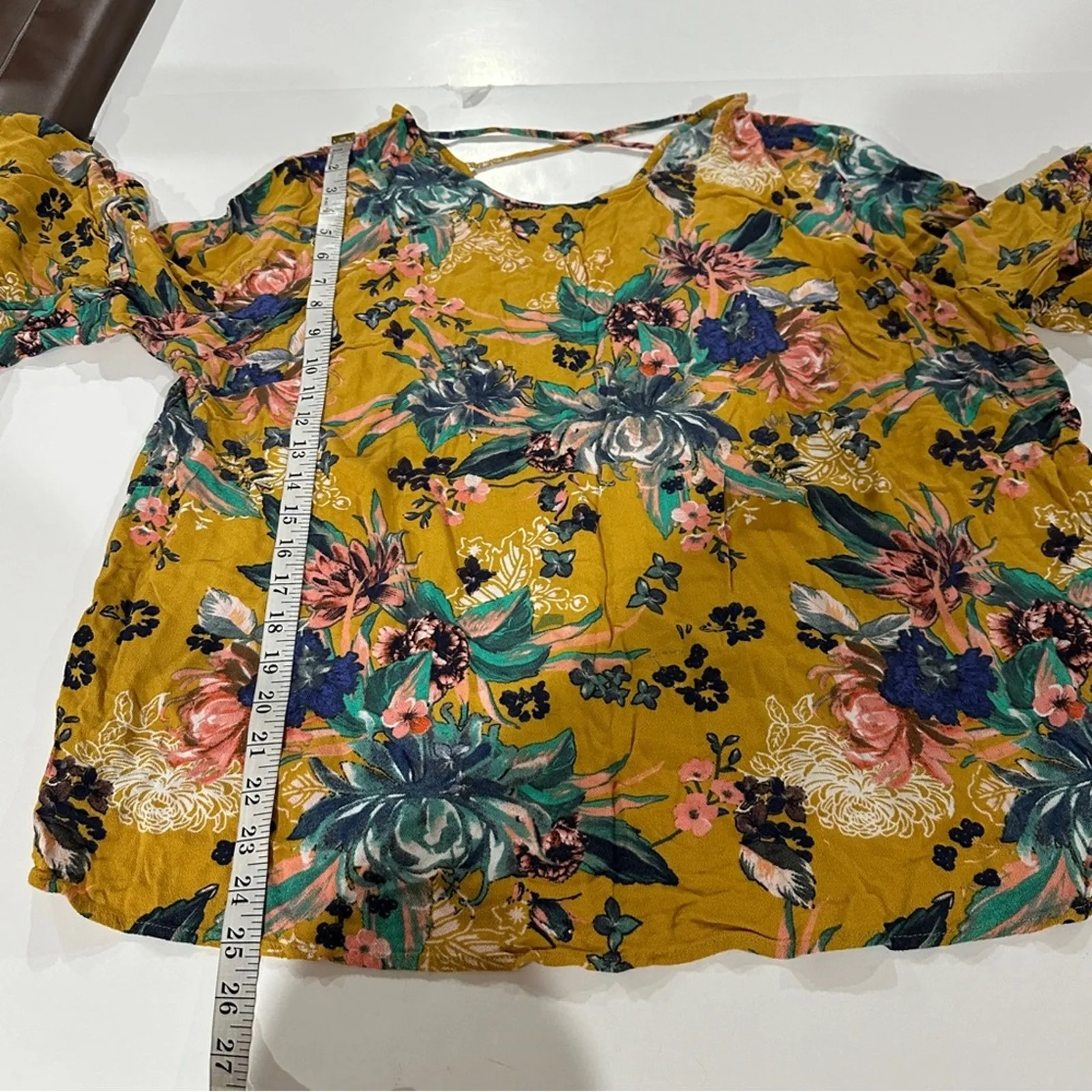 Ava &‎ Viv Mustard Floral Print 3/4 Sleeve Bell Sleeve Strappy Blouse Size 3X - Image 10