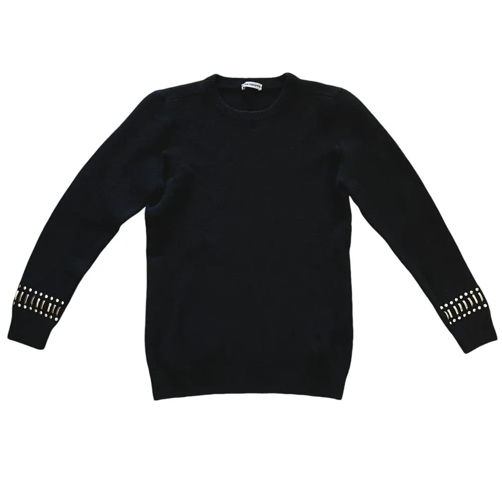 Black Merino Wool Cashmere Studded Cuff Pullover Sweater - Image 7