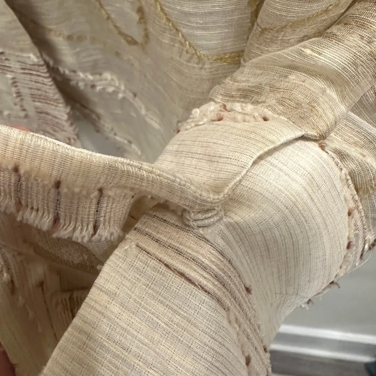 Akris Sheer Linen Silk Cotton Embroidered Abstract Boho Blouse Beige Gold Size 8 - Image 9