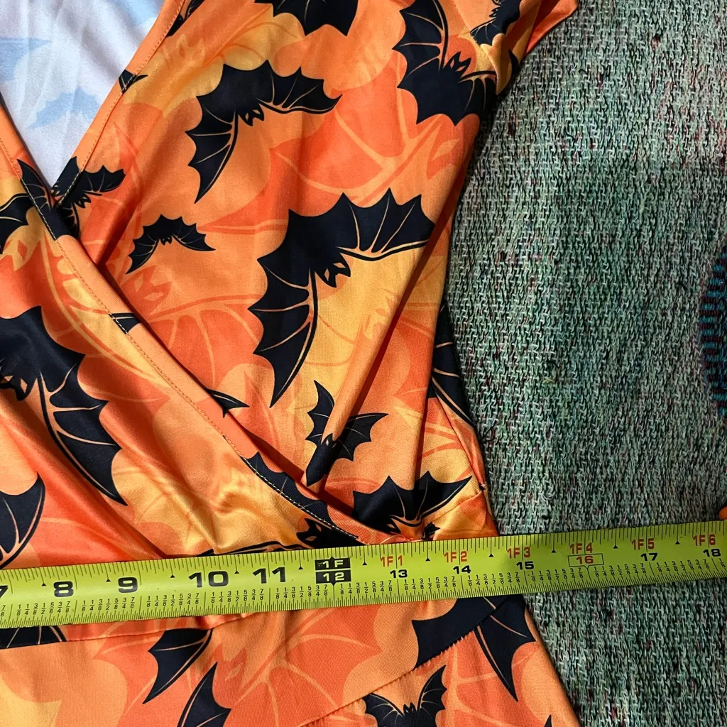 Orange and Black Wrap Midi/Maxi Halloween Bat Sundress SZ L V - Image 11