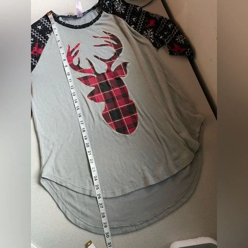 Nobo Christmas Plaid Deer Tops size X-Large 15/17 grey 3/4 long sleeve holiday - Image 10