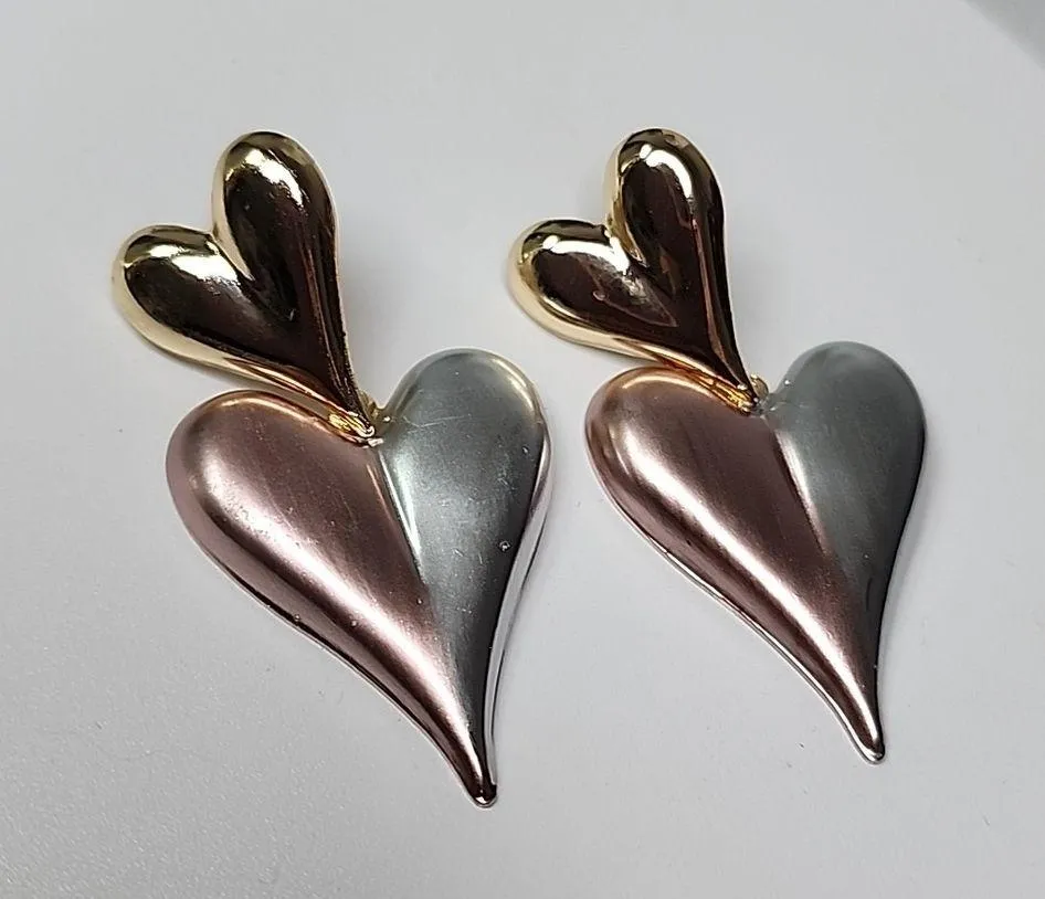 Tricolor Gold Heart on Heart Drop Earrings - Image 6
