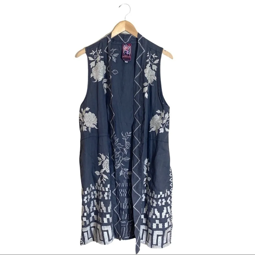 Johnny Was Dark Gray White Embroidered Linen Vest - Image 3