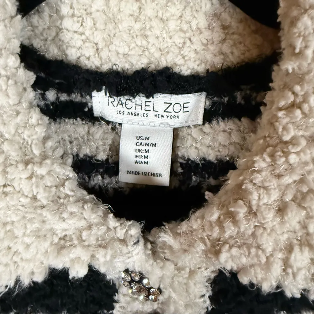 Rachel Zoe Women’s Fluffy Soft Short Sweater Black Off White Stripes Sz Med NWT - Image 3