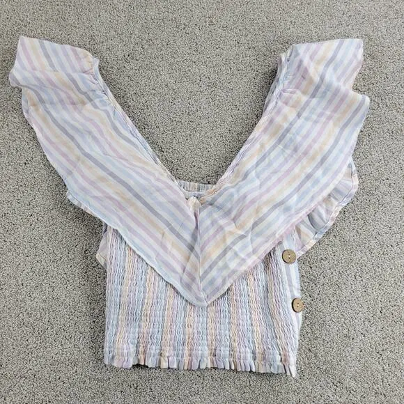 Vintage Havana Crop Top Womens Large Multicolor Stripe Smocked V Neck Button NWT - Image 1