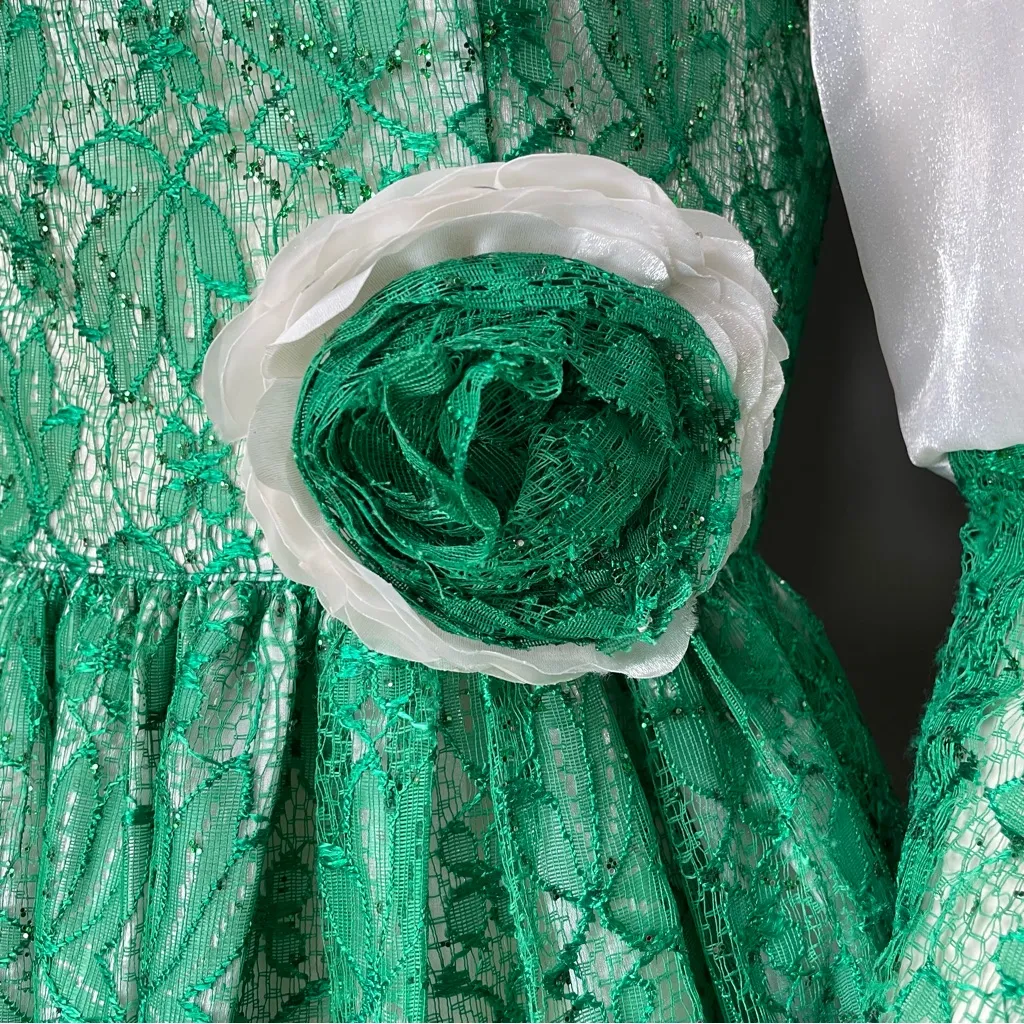 Handmade Dress Green Lace Puffed Sleeves Rosette Waist Halloween‎ Costume Unique - Image 12