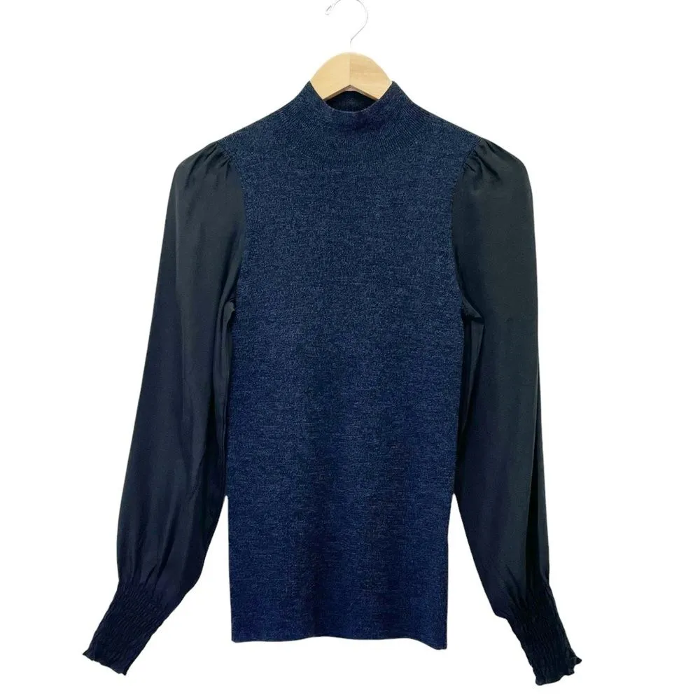 NWT Rebecca Taylor Size Small Merino Wool Mockneck Pullover Navy Blue & Black - Image 2