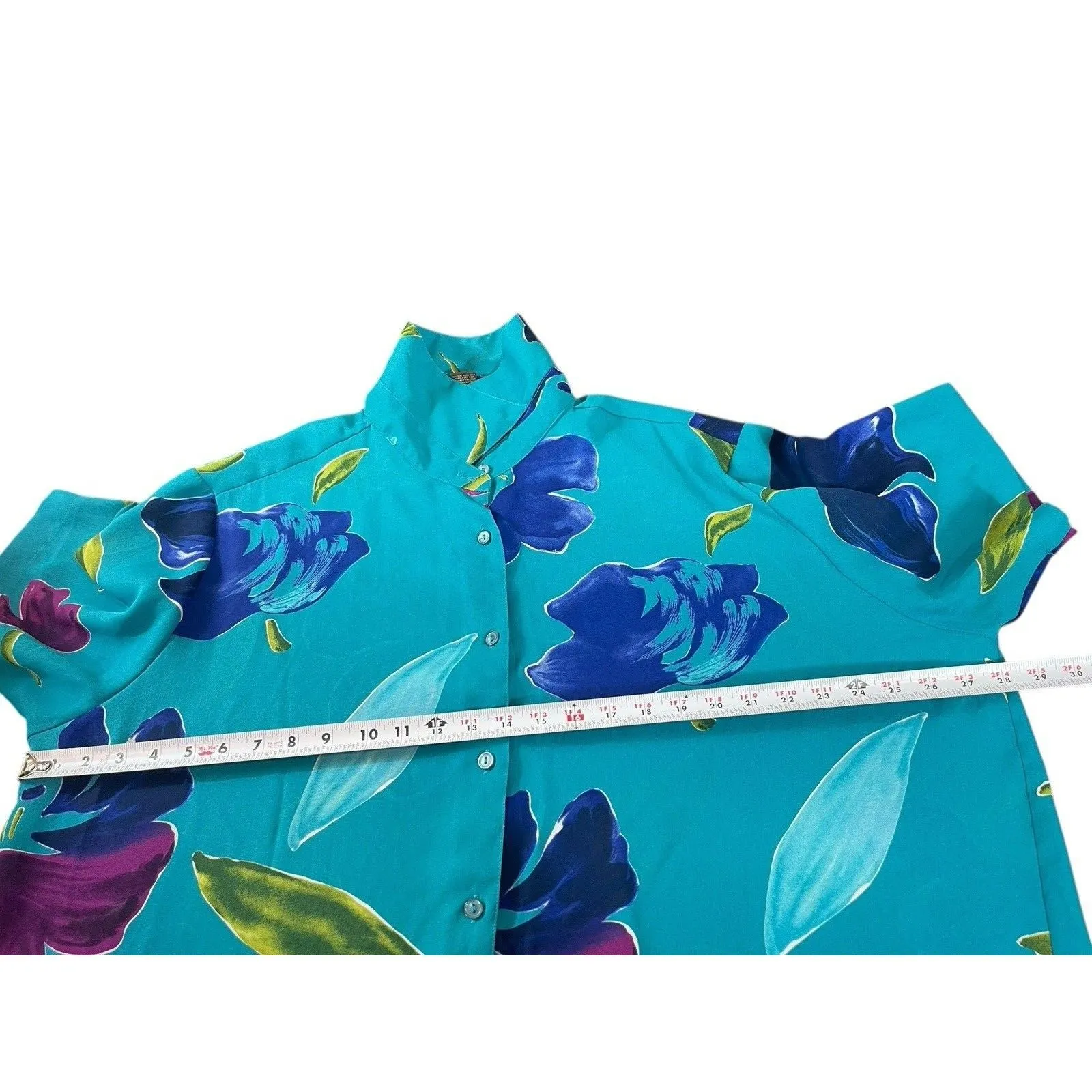 VTG 90s Lane Bryant Designs 18/20 Button Up Blouse Teal Floral Tropical Print - Image 7