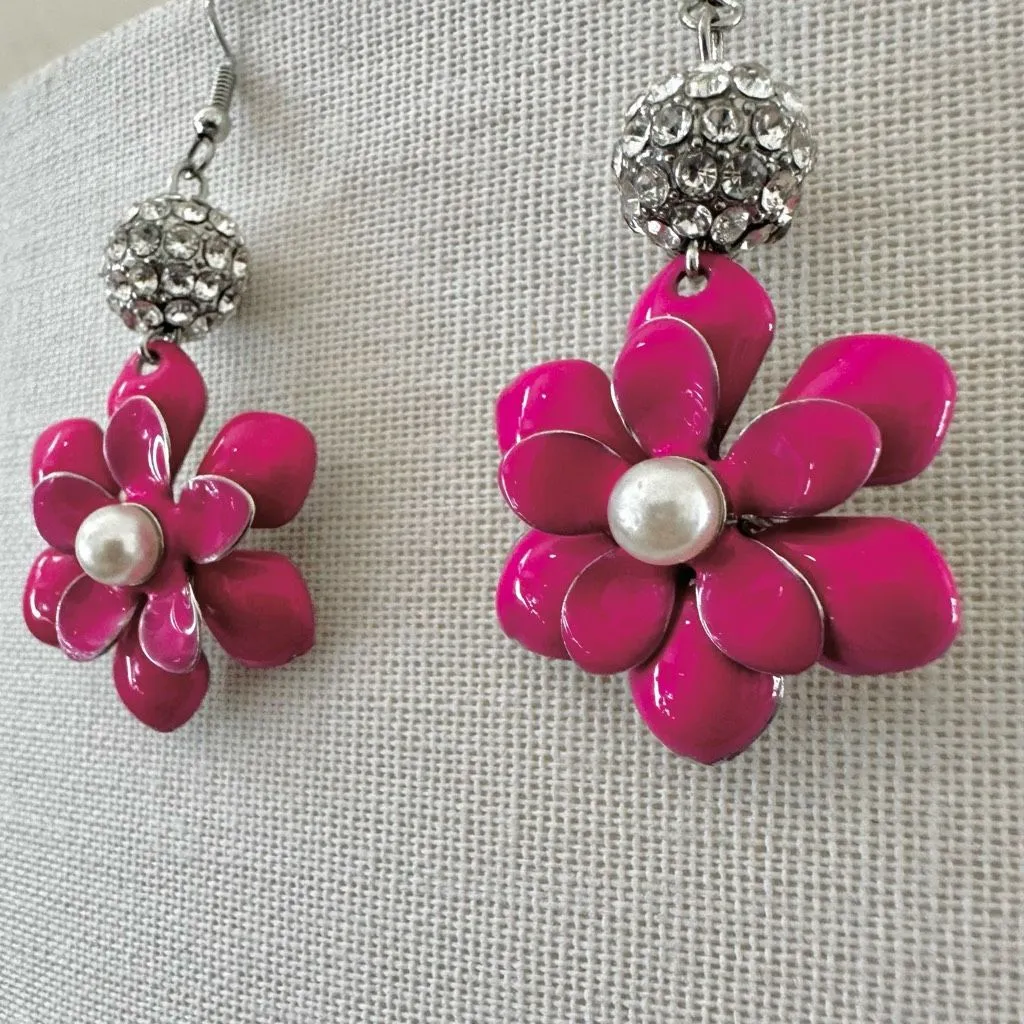 Fuchsia Enamel Flower Dangle Earrings Pink - Image 2