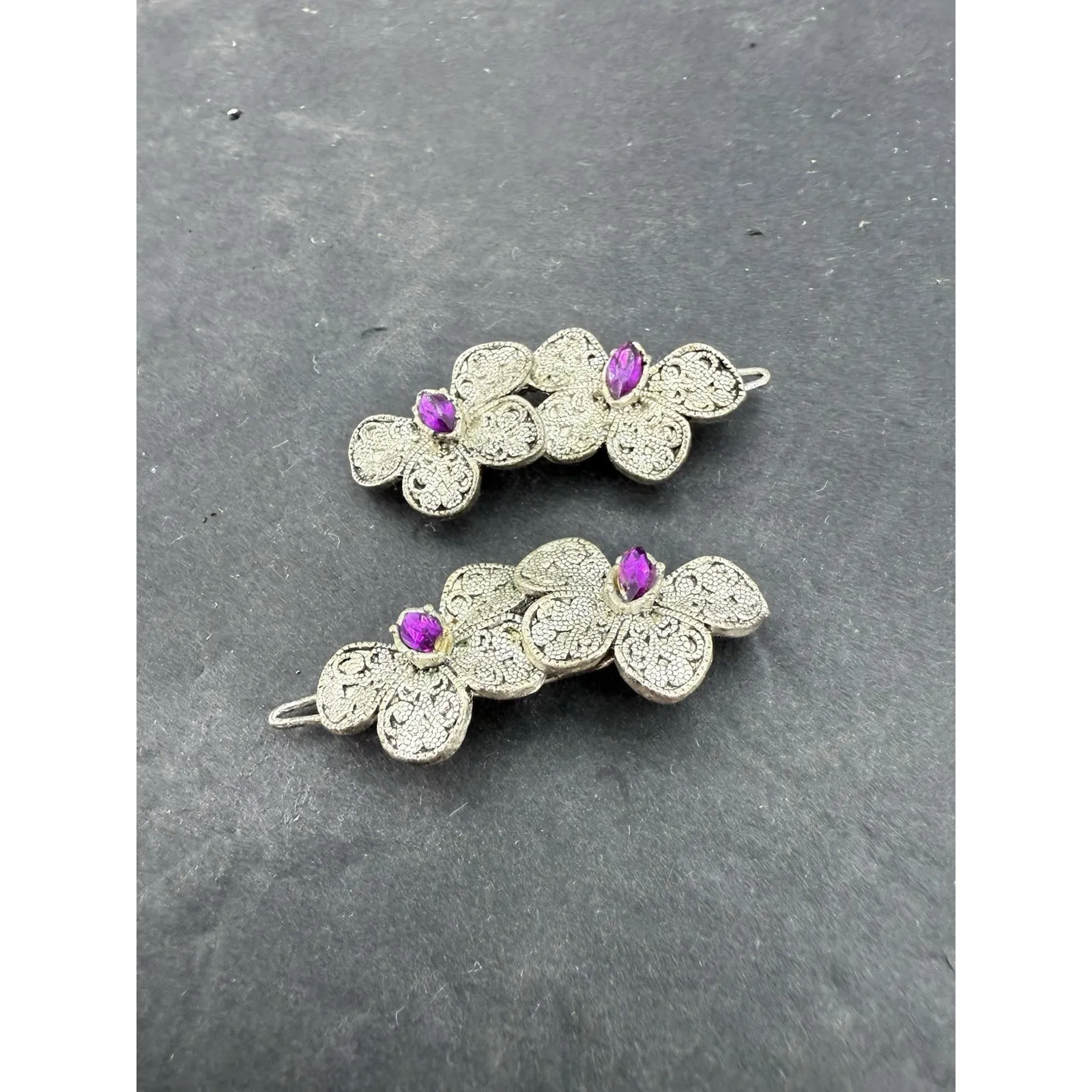 Lot Of 2 Vintage Butterfly Hair Barrette Clip Purple Enamel Rhinestones Silver - Image 2