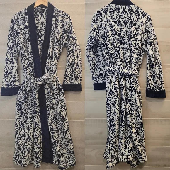 {S} Tracy Ellen Navy White Plush Tie Robe - Image 2
