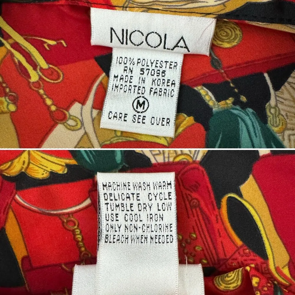 Vintage 90s Nicola purse bag print novelty short sleeve blouse size medium M - Image 5