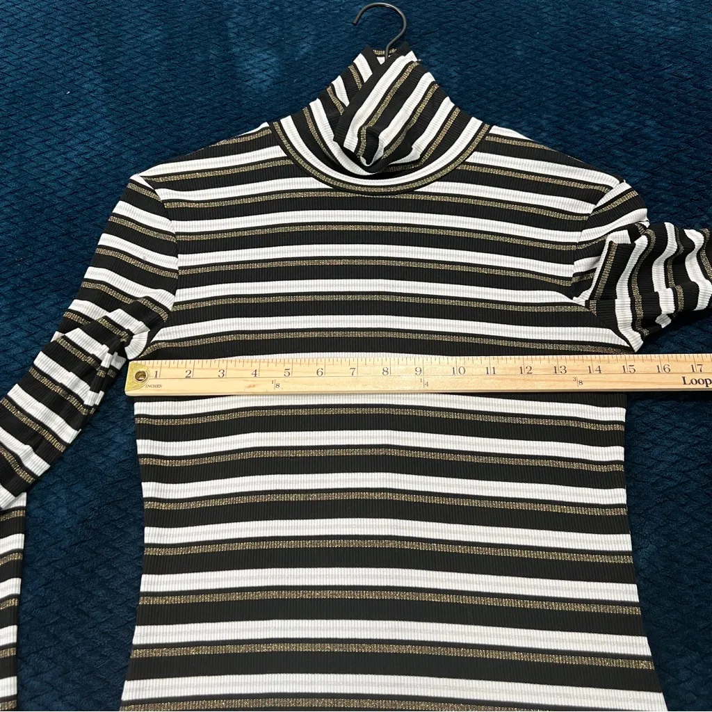 NSR Metallic Striped Ribbed Turtleneck Midi Dress Long Sleeve Stretch Size S Black - Image 13