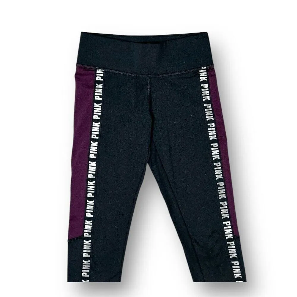 PINK Victoria’s Secret XS Black‎ Burgundy Leggings Logo Tape Stretch Athleisure - Image 3
