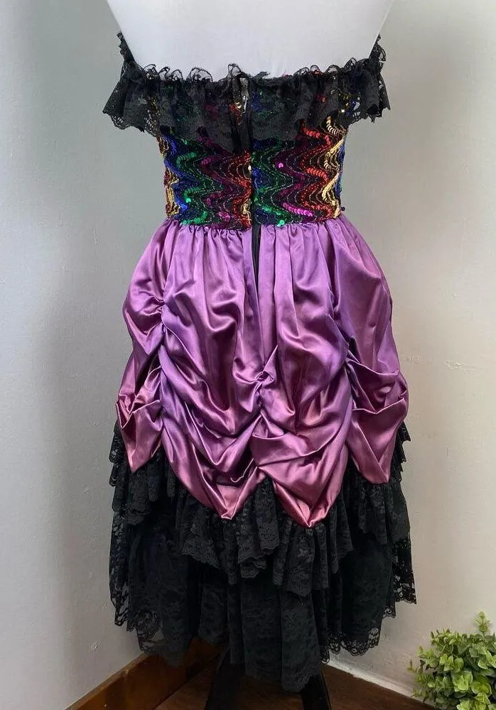 Vintage 80s Loralie Original Rainbow Sequin Lame’ Lace Saloon Girl Dress Gown XS - Image 7