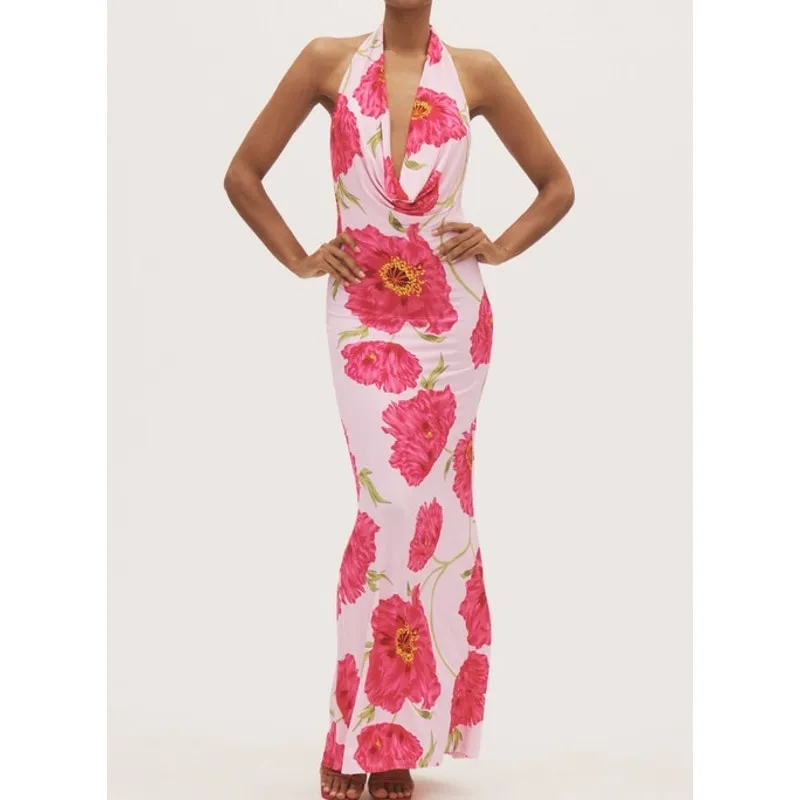 AFRM Maxi Dress Halter Cowl Neck Peony Floral Imade Size M Pink Size M - Image 5