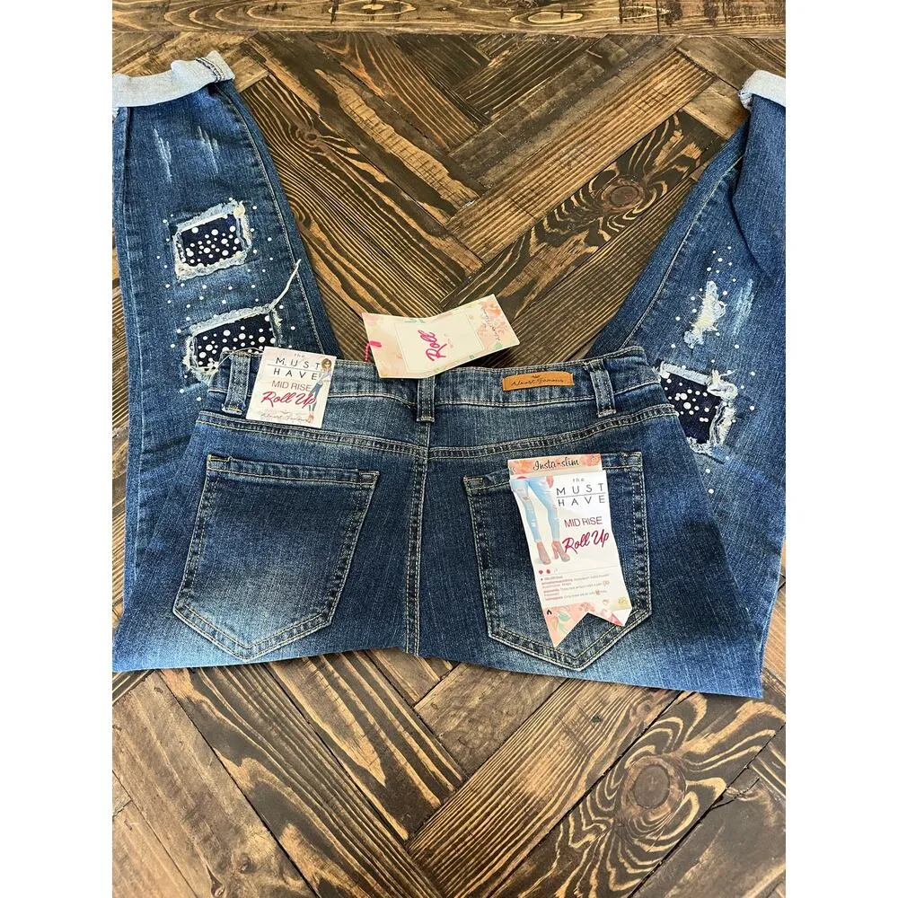 NWT Almost Famous Mid Rise Roll Up Jeans Women 9 Blue Denim Distressed Raw Hem - Image 12