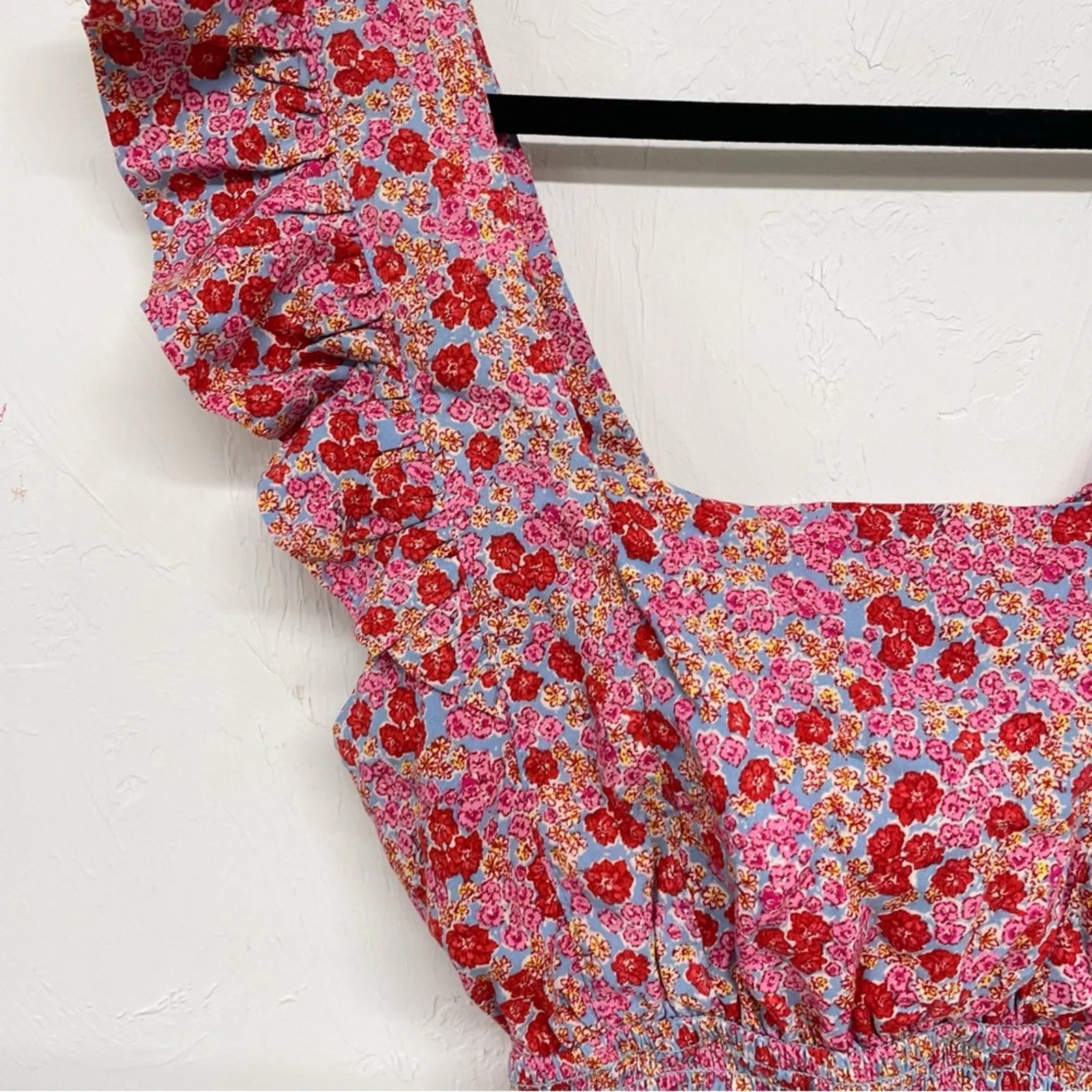 Pimkie Collection Pink & Red Ditsy Floral Ruffled Sleeve Cropped Blouse S - Image 4