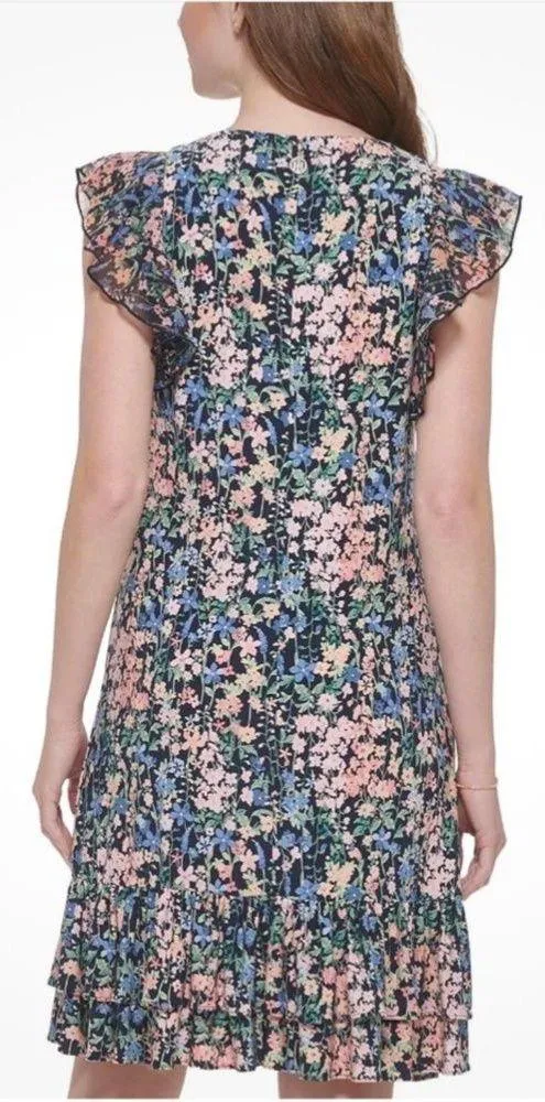 Tommy Hilfiger Size 10 Floral Printed Flutter Sleeve Tiered Ruffle Trim Dress - Image 2