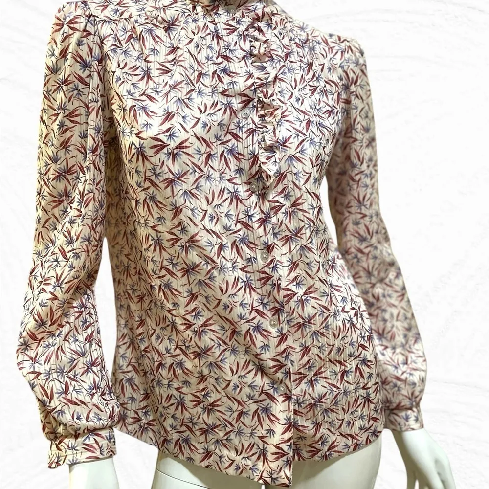 Vintage 70s Ruffle High Collar Floral Print Button Down Ivory Shirt Medium Red - Image 5