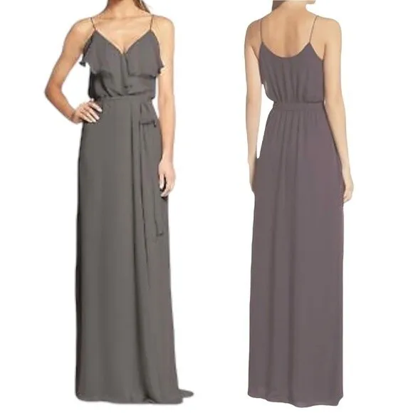 Nouvelle Amsale Drew Gray Chiffon Ruffle Wrap Spaghetti Strap Slip Dress Size XL - Image 2