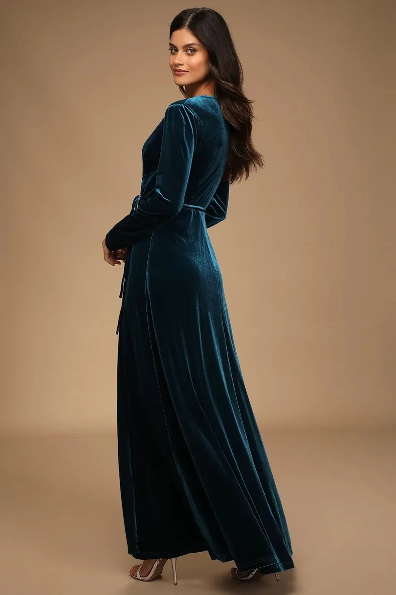 Jacinda Teal Blue Velvet Wrap Maxi Dress - Image 3