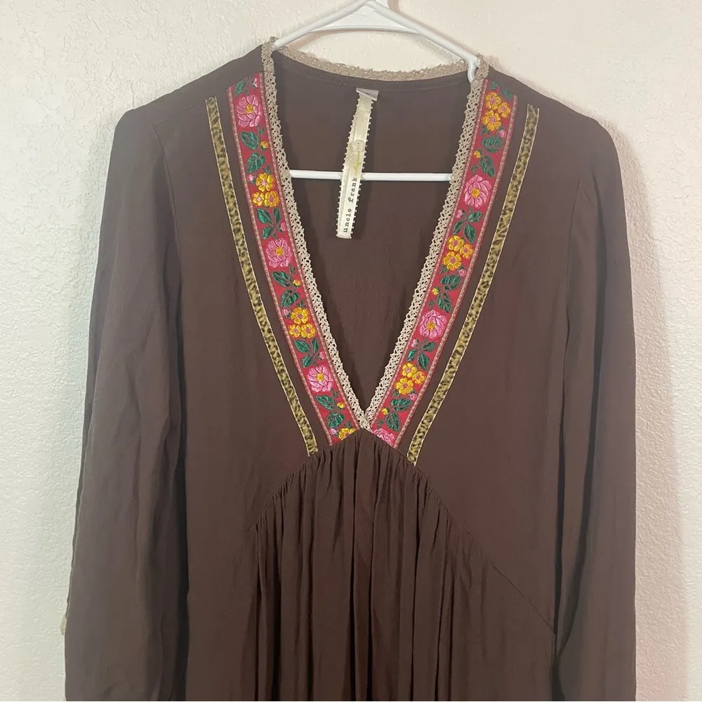 Uncle Frank Anthropologie Flowy Boho Floral Deep V Neck Long Sleeve Dress size S - Image 2