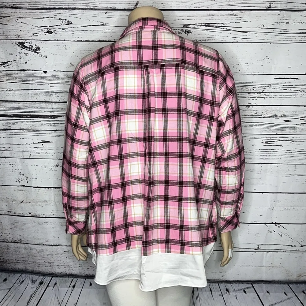 Issac Mizrahi Live! 20W Pink Plaid - White Layered Button Down Flannel Shirt Top - Image 4