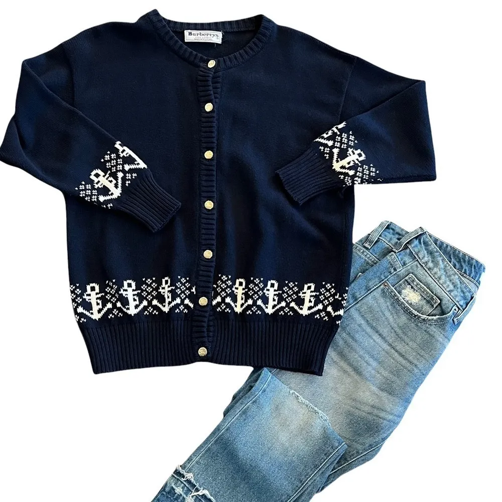 BURBERRY’S Vintage Button Down Navy Blue Anchor Cardigan - Image 3