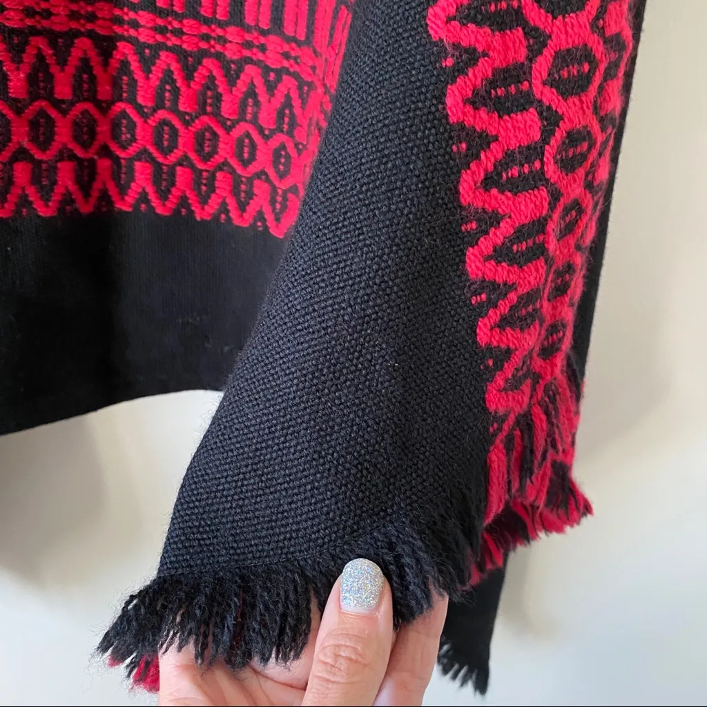 Blanket Poncho Knit Southwestern Boho Style Black and Red Fringe OS Size undefined - Image 3
