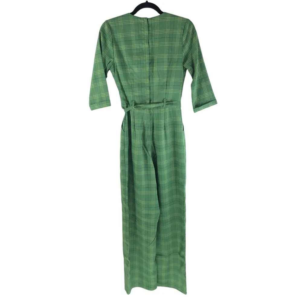 Collectif London Modcloth Florina Leaf Check Jumpsuit Plaid Green US S - Image 5