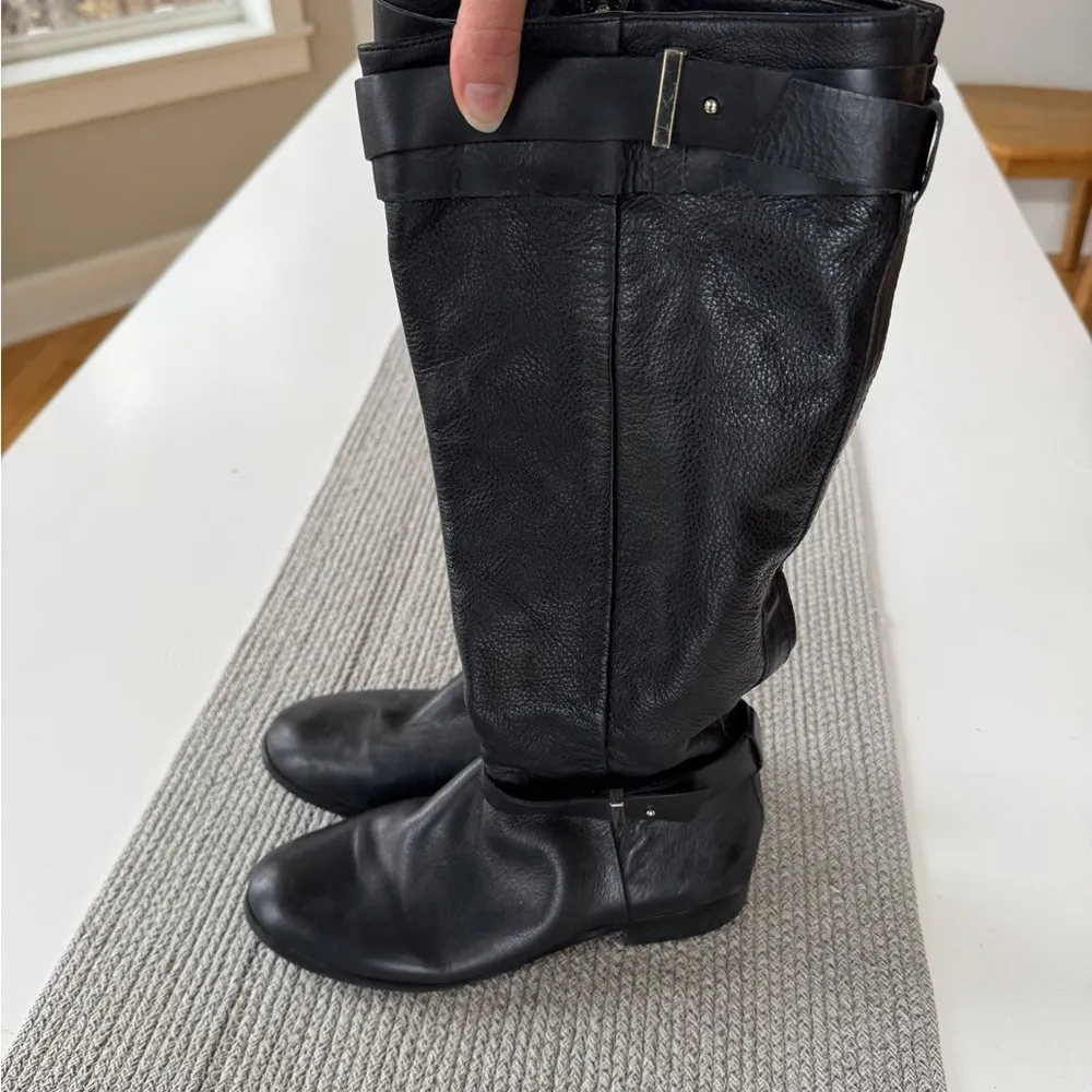 Ann Taylor Black Pebbled Leather Low Heel Tall Riding Boots Goldtone Buckles 6.5 - Image 11