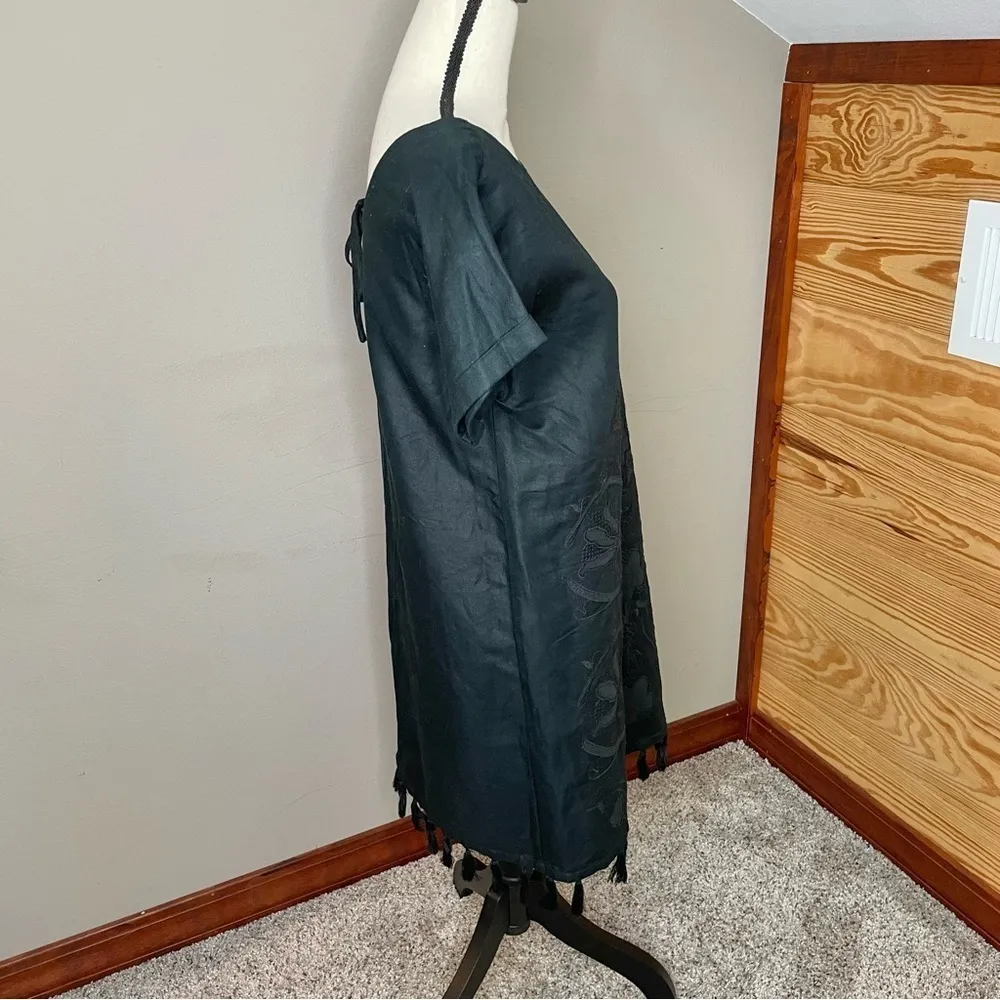 Madewell Black Linen Blend Embroidered Floral Tassel Shift Dress Extra Small - Image 3