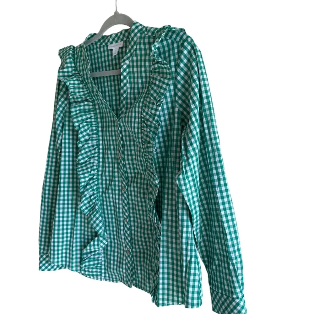 Charter Club Green Gingham Ruffle Blouse Sz L Button Down Long Sleeve Preppy - Image 4