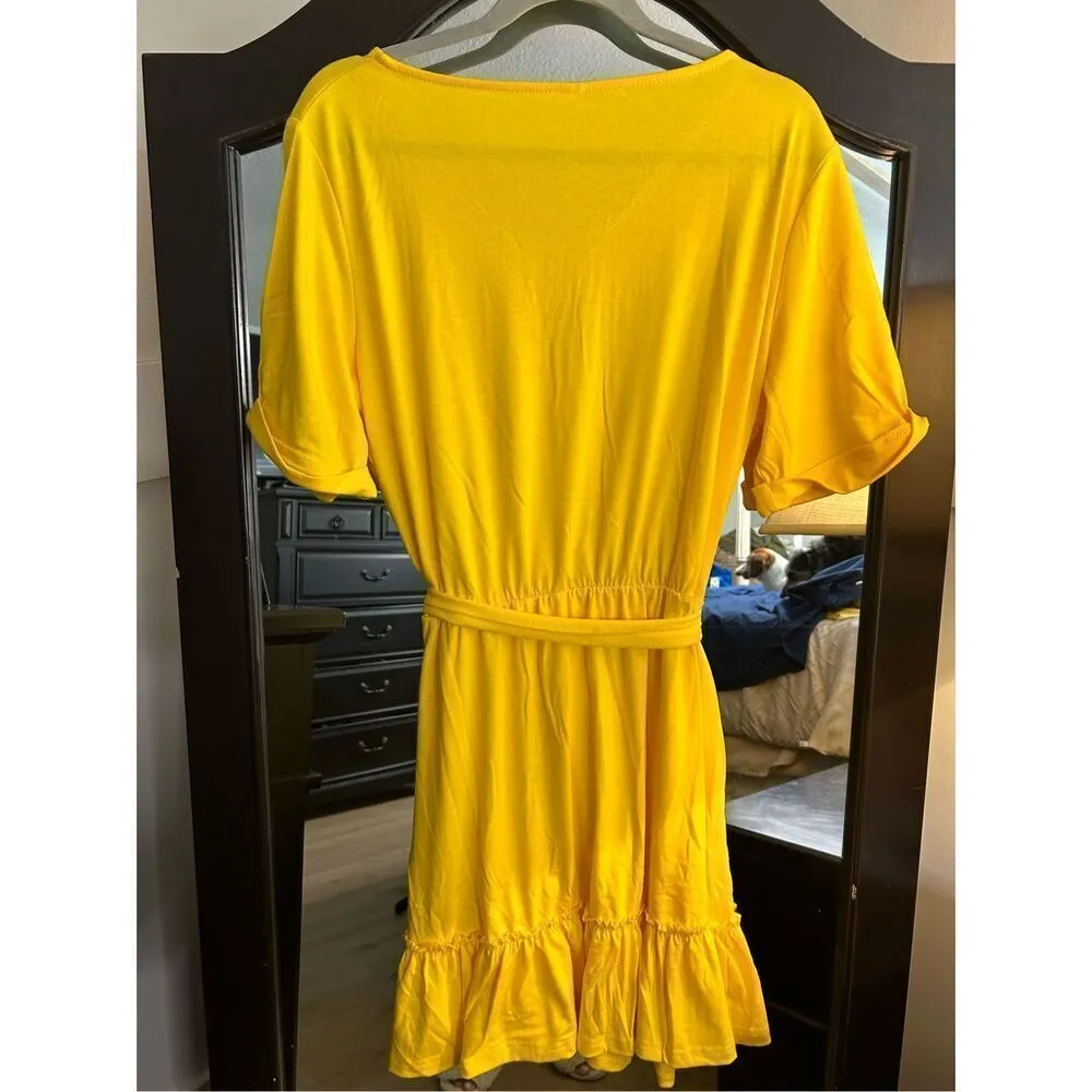 NEW T Shirt Short Roll Sleeve Flowy Swing Ruffle Dress Pockets XL Yellow - Image 2