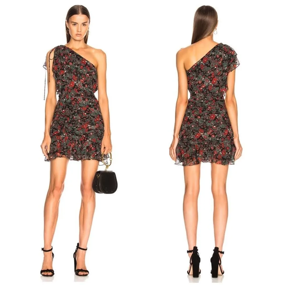 Veronica Beard Ballard Black Floral Print One Shoulder Silk Ruffled Dress 10 - Image 6