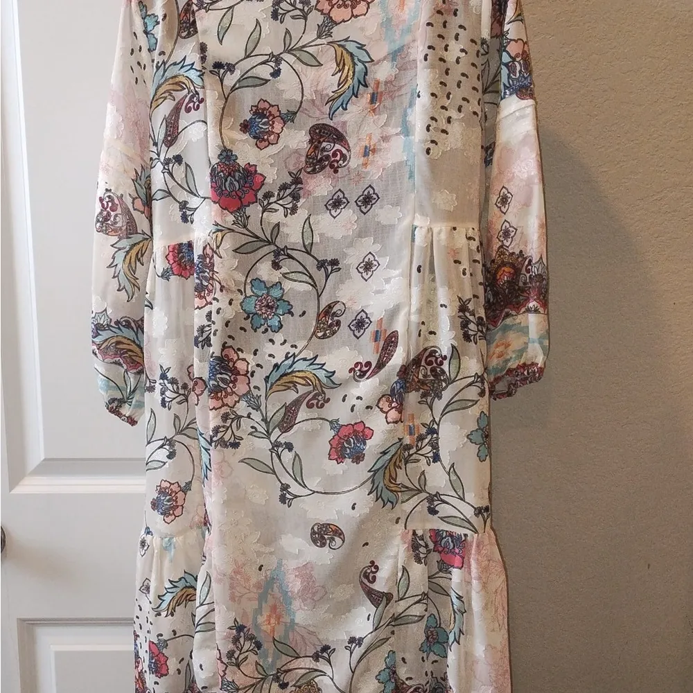 Reba Floral Boho Shift Dress Women’s Size Small Peplum Hem Tassels Sheer - Image 5