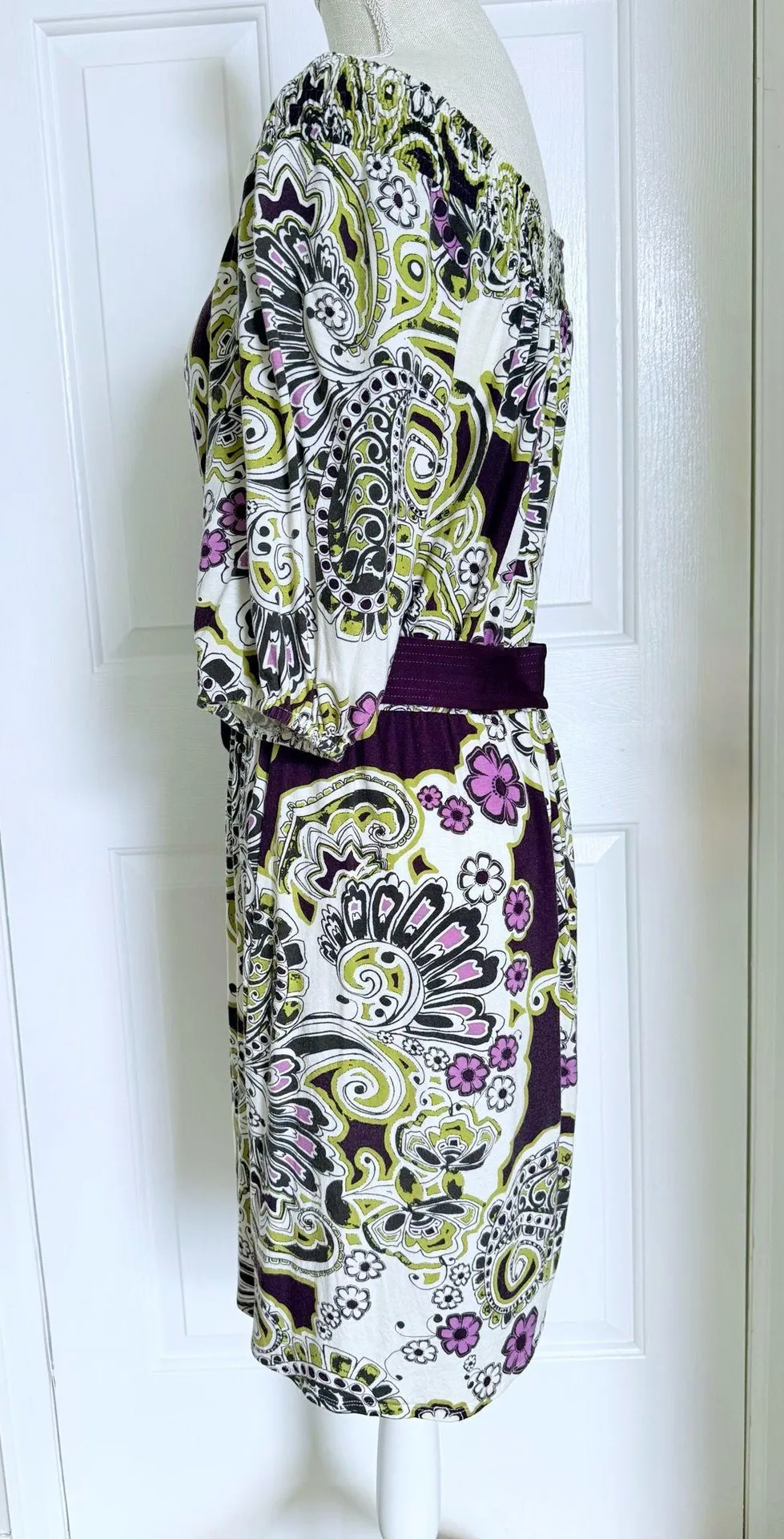 Laundry by Shelli Segal Boho Off Shoulder Paisley Floral Dress Belted Purple New - Image 9