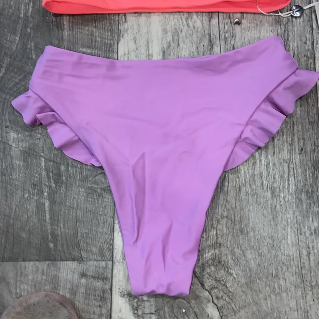 NEW LION WILD LAVENDER & ORANGE BIKINI Light Purple Sheer Back Ruffle Neon - Image 4