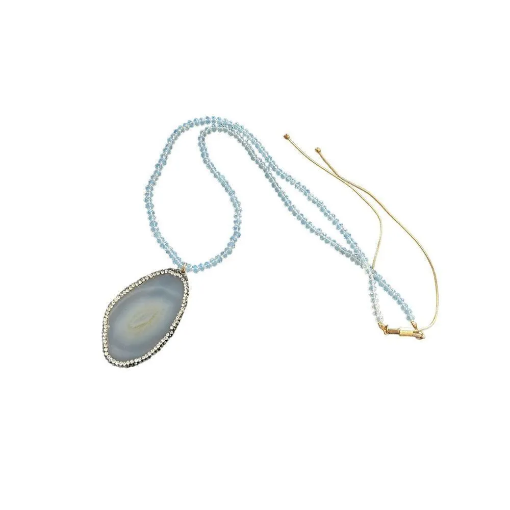 White sparkly beaded natural geode with border rhinestones statement necklace - Image 2