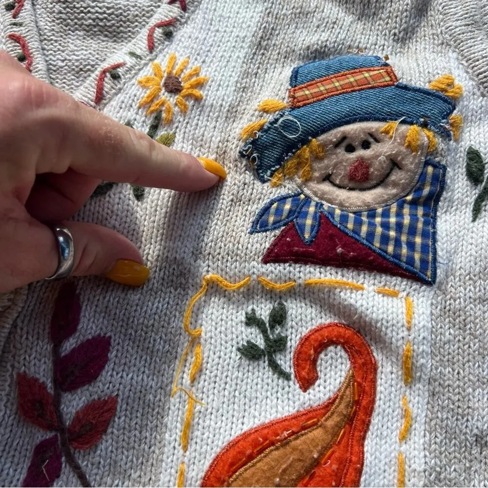 Vintage Fall Scarecrow Squash Pumpkin Knit Sweater Vest Patchwork Sampler LARGE Orange - Image 3