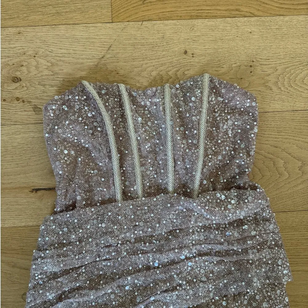 Lulu’s - Vivacious Lace Up Strapless Sparkly Mini Dress in Champagne - Image 2