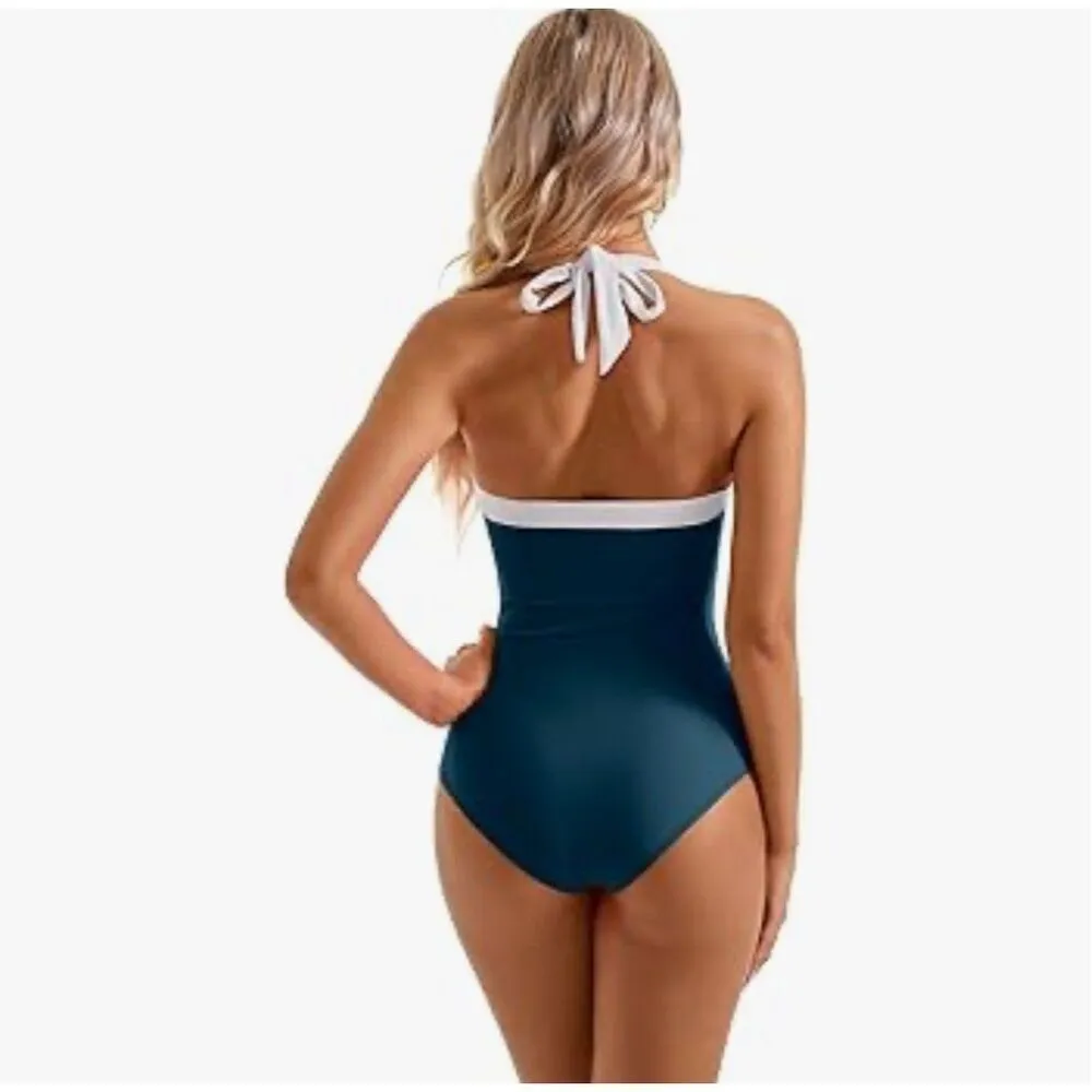 NEW Sexy Tummy Control One Piece Swimsuit Halter Retro Bathing Suit M Blue Size M - Image 2