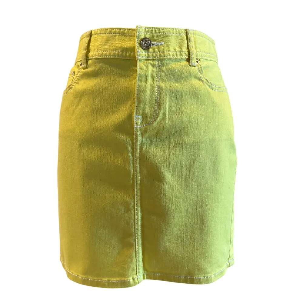 Cache Yellow Lemon Ice Denim Metal Button 5 Packet Skirt New Stretch $98 NWT - Image 3