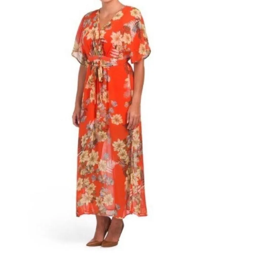 Love Fire Tropical Print Bohemian Floral Flutter Sleeve Semi Sheer Maxi Dress Orange - Image 5