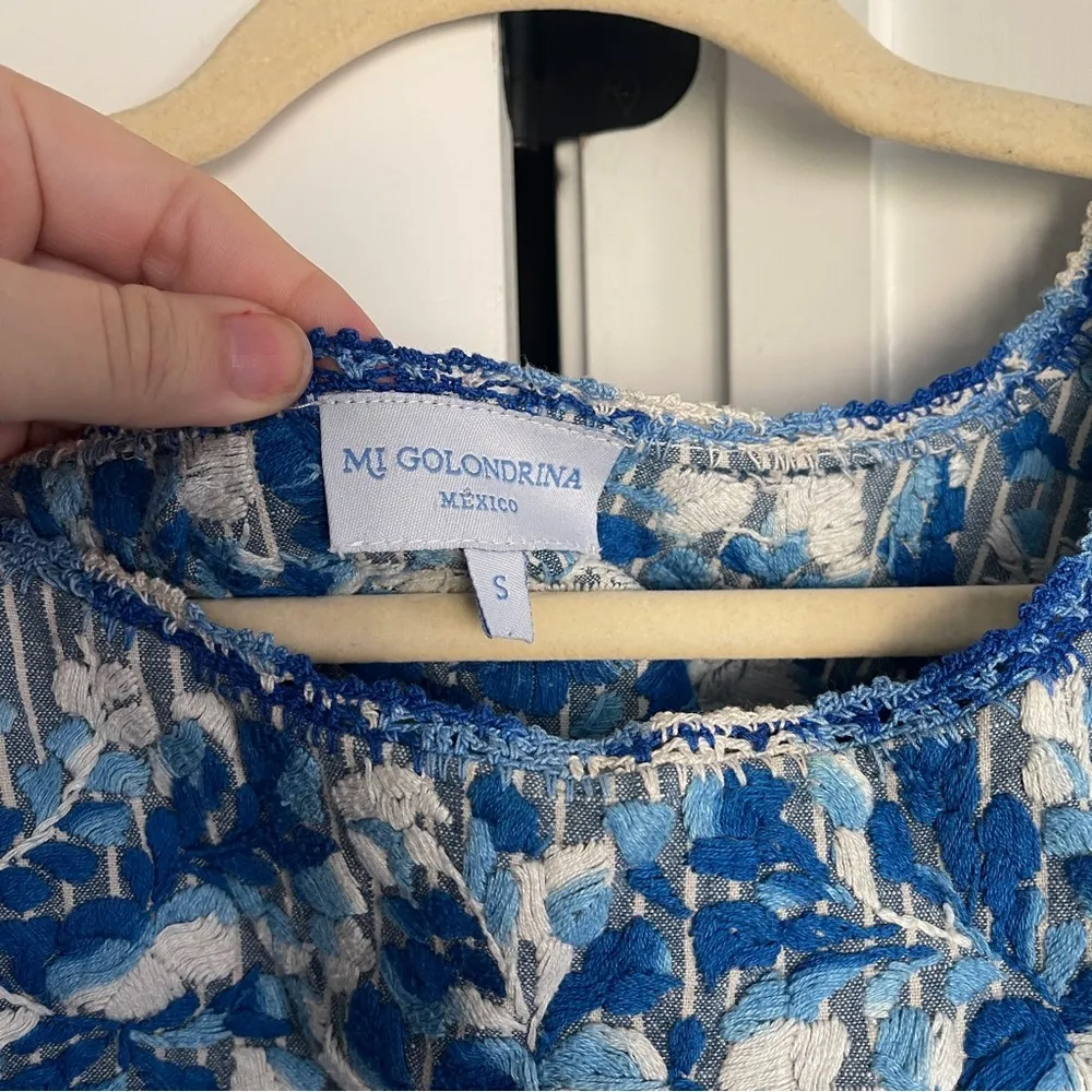 Mi Golondrina Blue Grey Striped Embroidered FLORES SHORT DRESS Gris Rayas Azules - Image 2