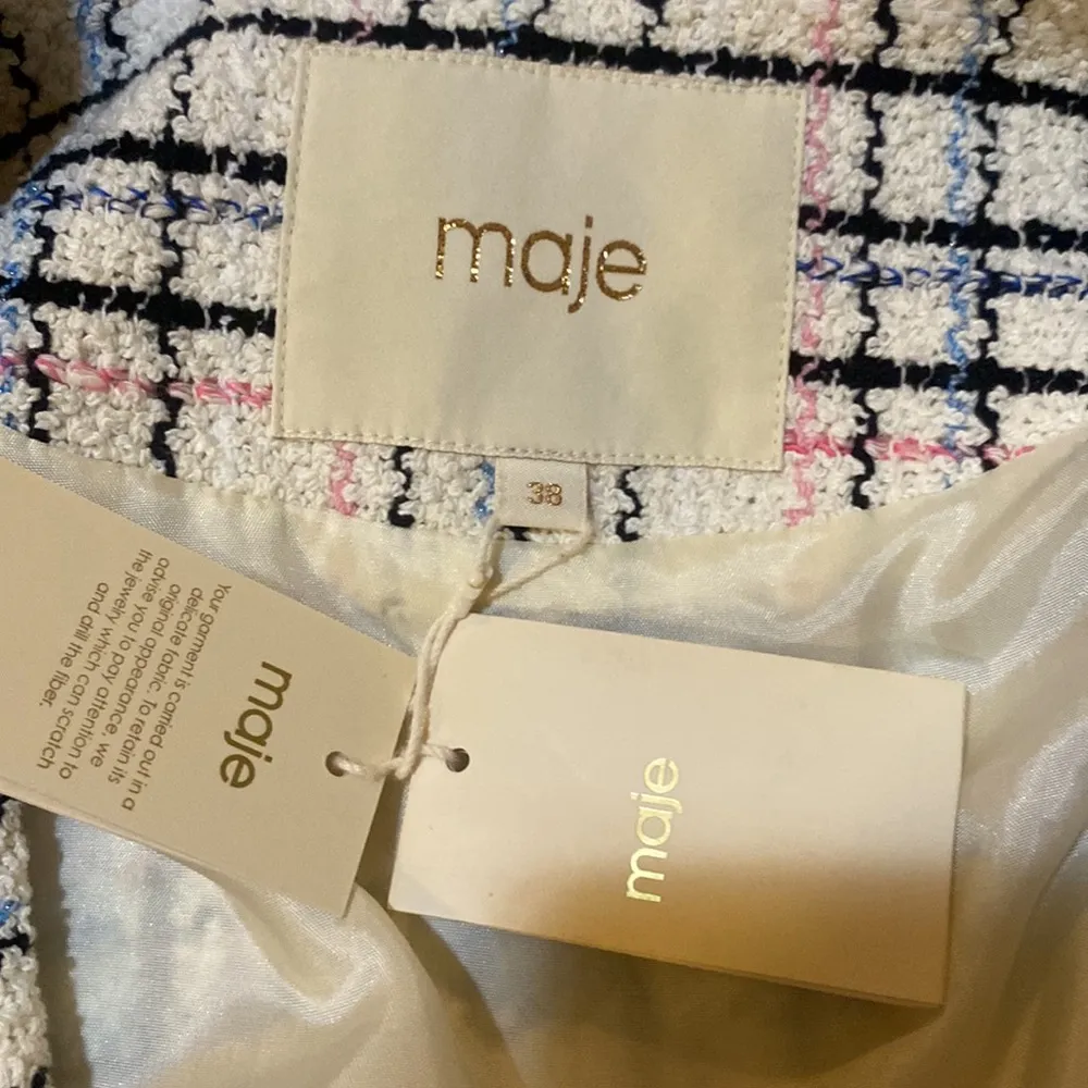 Maje Vianey Frayed Checked Cotton-blend Bouclé-tweed Blazer In Ecru size 38 - Image 5