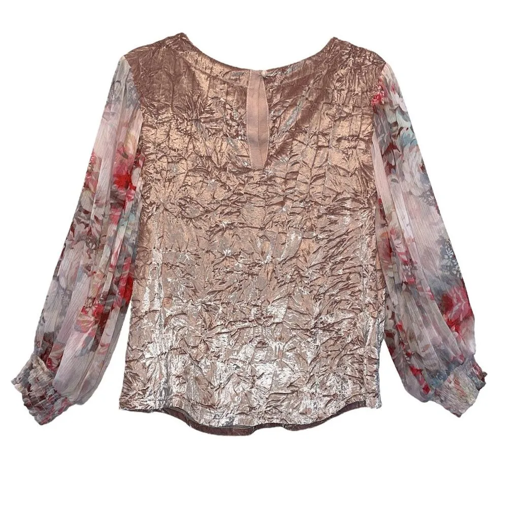Anthropologie Meadow Rue Crushed Velvet Chiffon Floral Sleeves Top Medium - Image 3