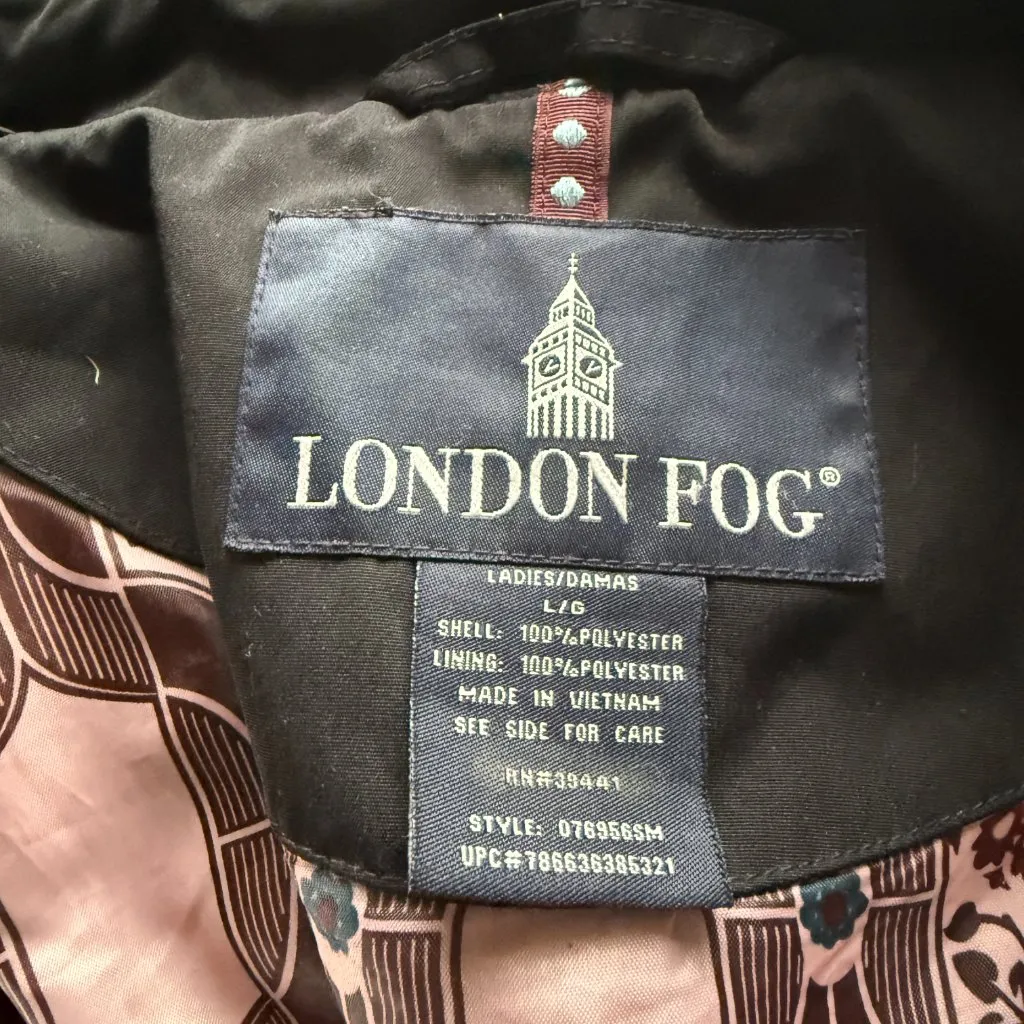 London Fog black fully lined button down belted trench coat women's size large - Image 9