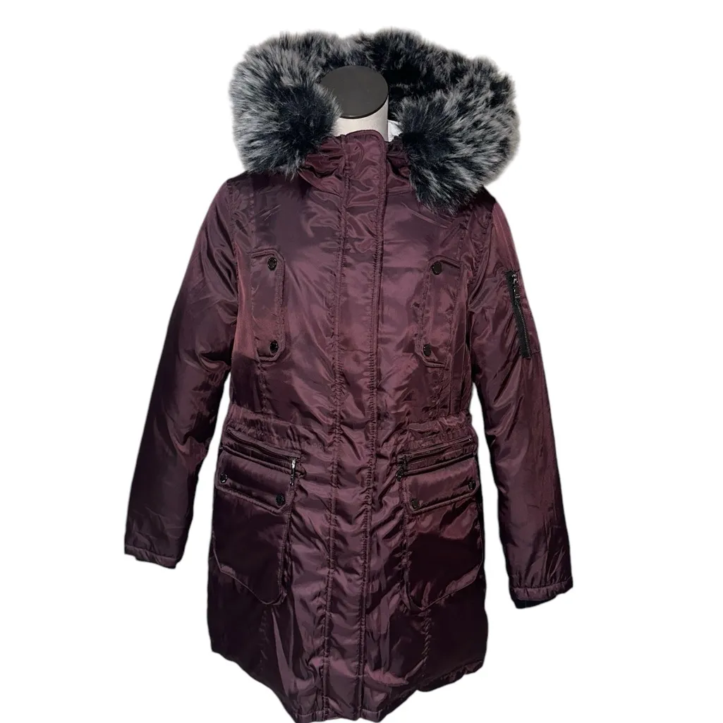 NWT Steve Madden Womens Faux Fur Trim Cold Weather Anorak Jacket In Merlot - Image 3
